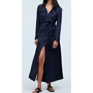 Madewell Button Front Utility Shirtdress in Satin Deep Indigo Blue NWT XXS